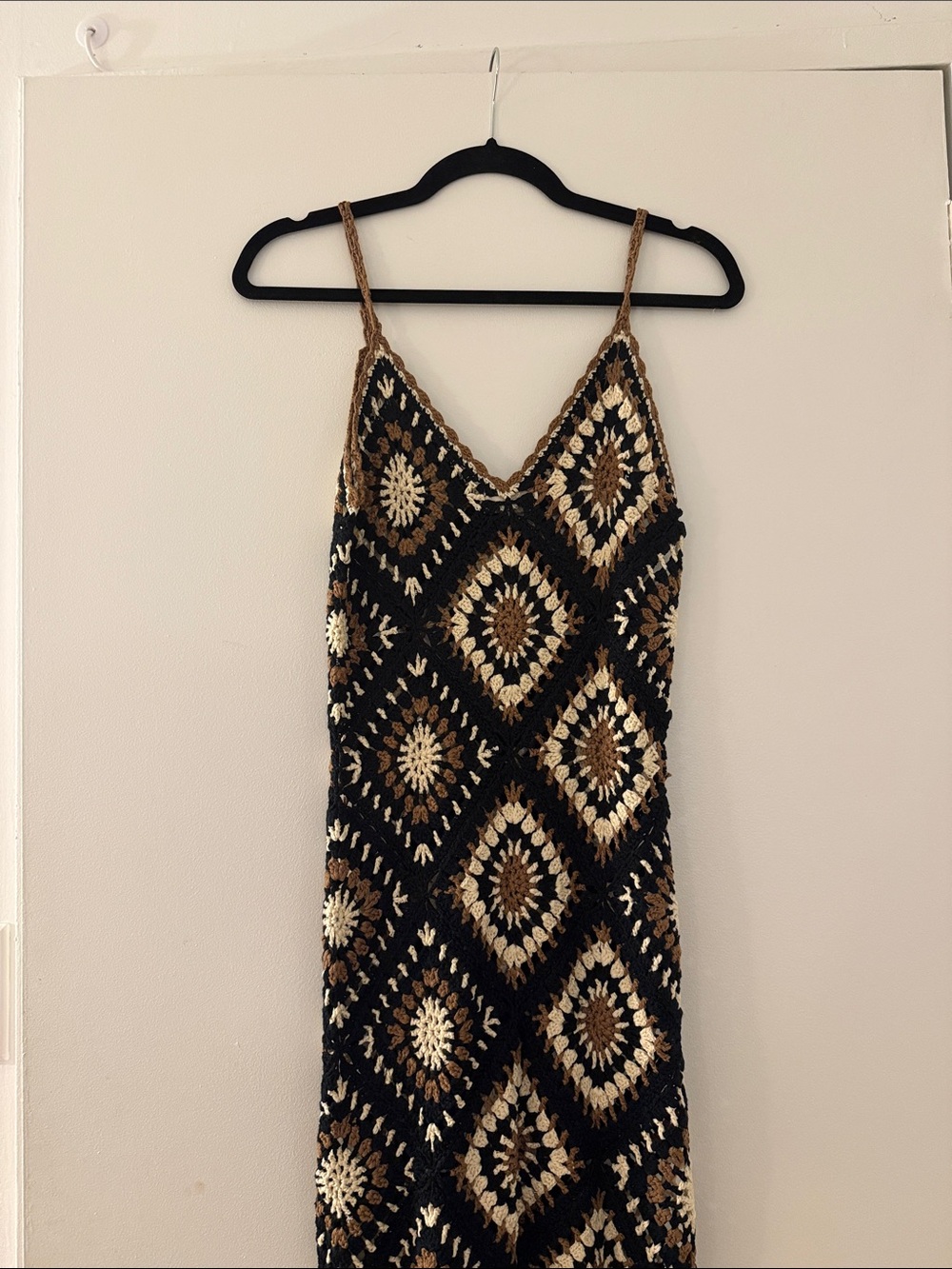 Elan Black and Cream Crochet Maxi Dress with Brown Accents - Picture 5 of 9